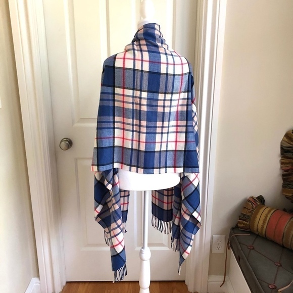 Lord & Taylor Plaid Scarf Red White & Blue Fringe - Picture 3 of 8